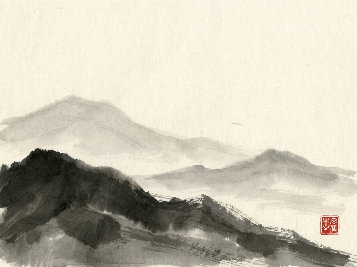 Sumi-e pine on an ink-washed slope