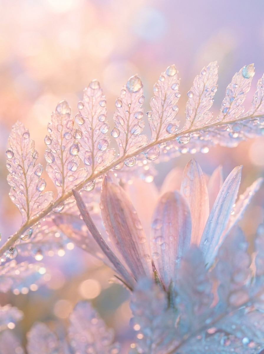 Dew-covered fern fronds at dawn